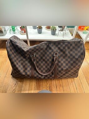 Classic Brown Checkered Travel Duffel Bag